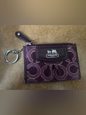 Coach Madison Purple Signature Coated Canvas Coin Purse w/ Keychain